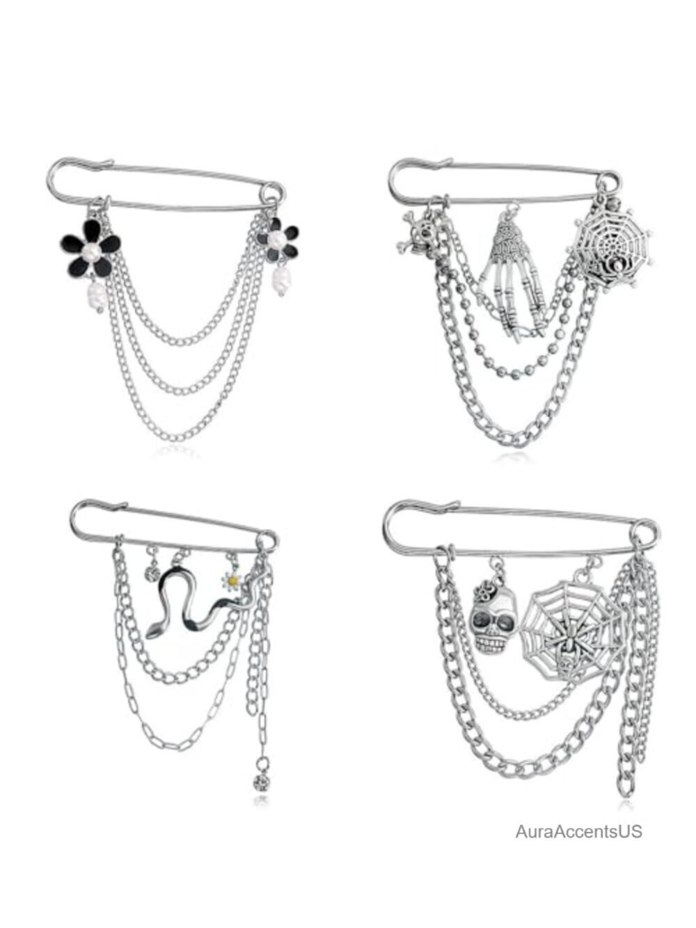 4Pc Vintage Flower Pearl Shawl Clips Brooch Pins Set Snake Skull Spider Web